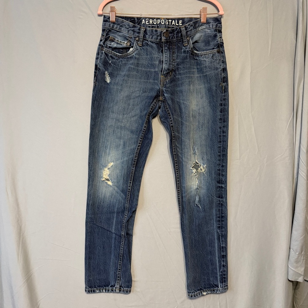 Aeropostale Mens Distressed Rivington Skinny Jeans Size 32 Blue Denim Edgy READS